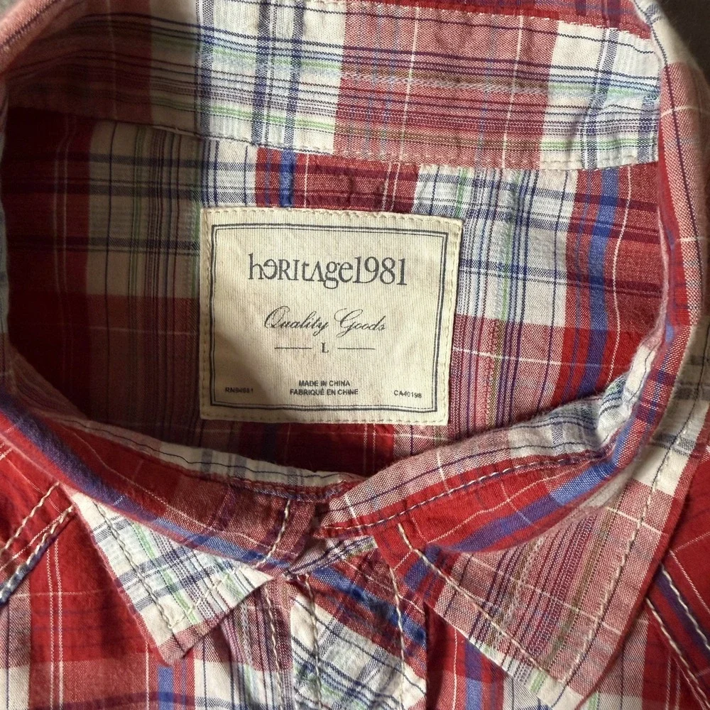 Heritage 1981 Western Snap Shirt‎ Mens Large Red Plaid Roll Tab Sleeve Button Up